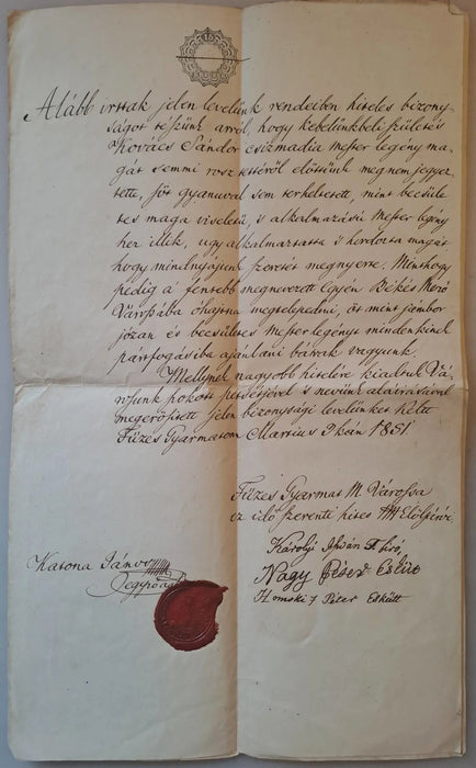 Erkölcsi bizonyítvány 1851 - ből - Oskola Antikvárium