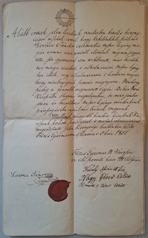 Erkölcsi bizonyítvány 1851 - ből - Oskola Antikvárium
