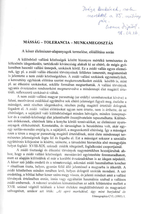 Ethnographia - Különlenyomat - Másság - tolerancia - munkamegosztás - Oskola Antikvárium