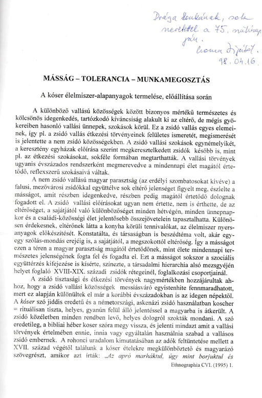 Ethnographia - Különlenyomat - Másság - tolerancia - munkamegosztás - Oskola Antikvárium