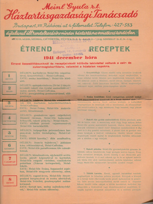 Étrend receptek 1941 december hóra - Meinl Gyula Háztartásgazdasági Tanácsadó - Oskola Antikvárium