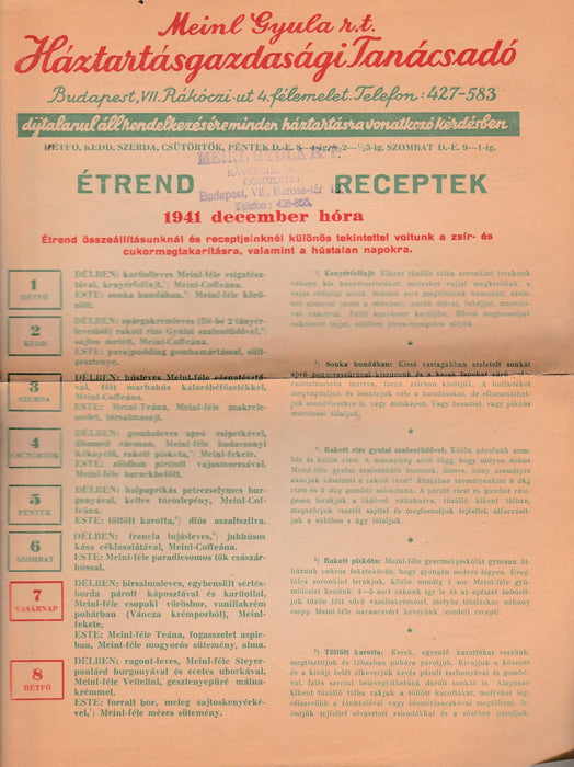 Étrend receptek 1941 december hóra - Meinl Gyula Háztartásgazdasági Tanácsadó - Oskola Antikvárium