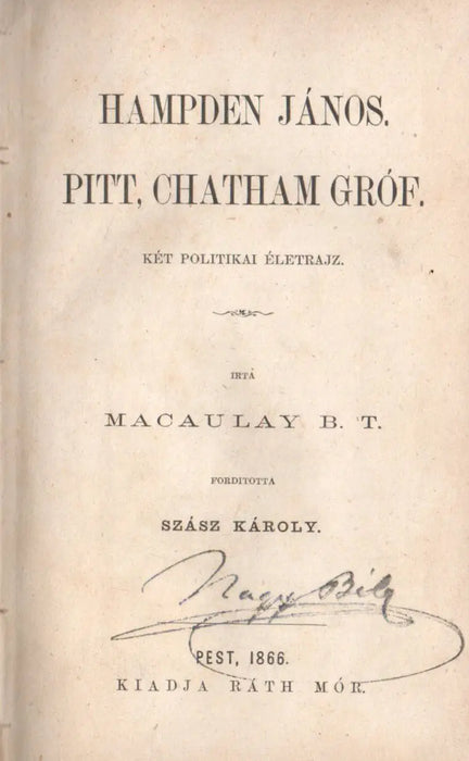 Hampden János. Pitt, Chatham Gróf. - Oskola Antikvárium