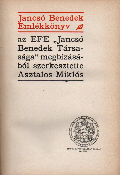 Jancsó Benedek Emlékkönyv - Oskola Antikvárium