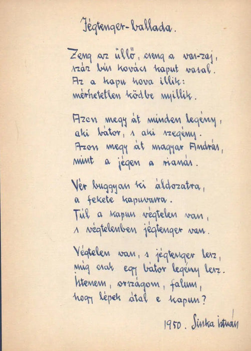 Jégtenger - ballada - Sinka István eredeti kézzel írt verse 1950 - ből - Oskola Antikvárium