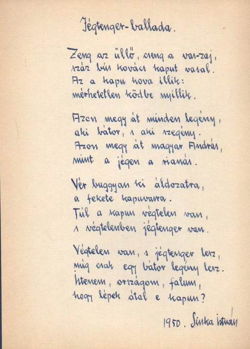 Jégtenger - ballada - Sinka István eredeti kézzel írt verse 1950 - ből - Oskola Antikvárium
