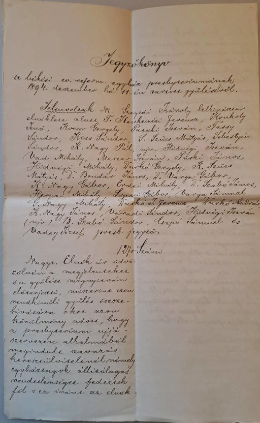 Jegyzőkönyv a békési ev. reform. egyház presbyteriumának 1894. deczember hó 11 - én tartott gyűléséről - Oskola Antikvárium
