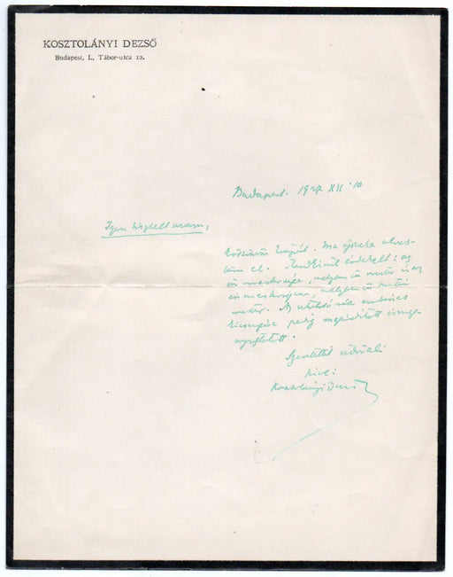 Kosztolányi Dezső eredeti kézzel írt levele - 1927. XII. 10. - Oskola Antikvárium