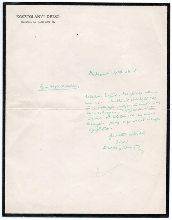 Kosztolányi Dezső eredeti kézzel írt levele - 1927. XII. 10. - Oskola Antikvárium