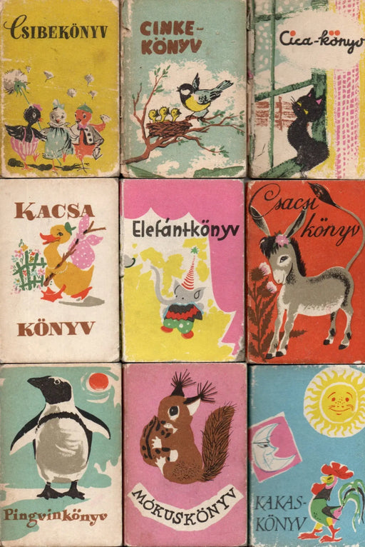 Liliputi Könyvtár: Cicakönyv, Cinkekönyv, Csacsikönyv, Csibekönyv, Elefántkönyv, Kacsakönyv, Kakaskönyv, Mókuskönyv, Pingvinkönyv, Rókakönyv, Sünkönyv, Tevekönyv, Zsiráfkönyv - Oskola Antikvárium