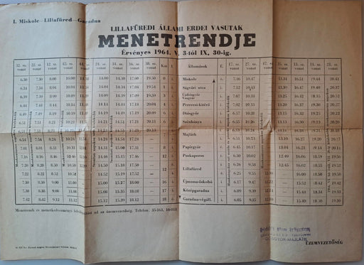 Lillafüredi Állami Erdei Vasutak menetrendje 1964. - Oskola Antikvárium