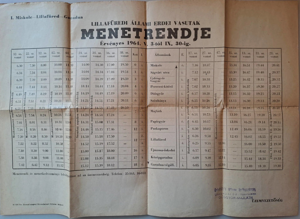 Lillafüredi Állami Erdei Vasutak menetrendje 1964. - Oskola Antikvárium