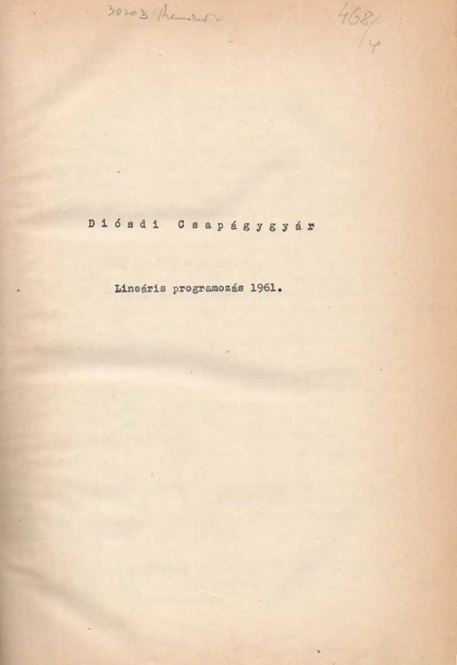 Lineáris programozás 1961. - Diósdi Csapágygyár - Oskola Antikvárium