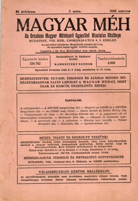 Magyar Méh vegyes számai 1937 - 1944 - Oskola Antikvárium