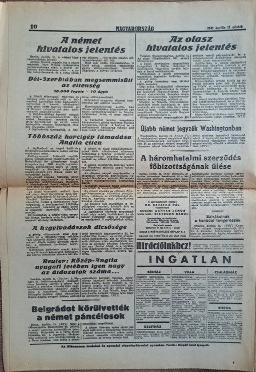 Magyarország XLVIII. évf. 83 szám 1941 április 11. - Oskola Antikvárium