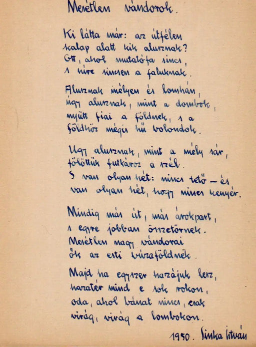 Mesétlen vándorok - Sinka István eredeti kézzel írt verse 1950 - ből - Oskola Antikvárium