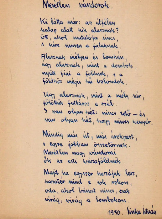 Mesétlen vándorok - Sinka István eredeti kézzel írt verse 1950 - ből - Oskola Antikvárium
