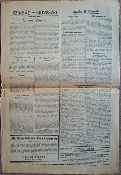 Nemzeti Ujság XVIII. évf. 83. szám 1941. április 11. - Oskola Antikvárium