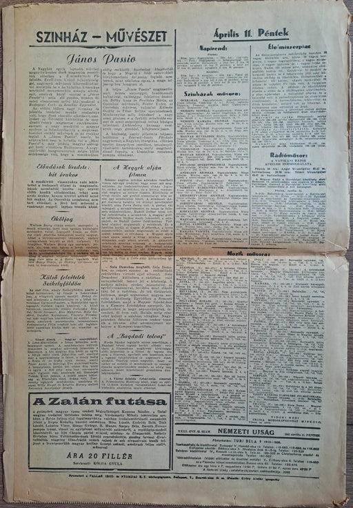 Nemzeti Ujság XVIII. évf. 83. szám 1941. április 11. - Oskola Antikvárium
