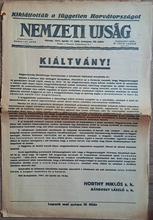 Nemzeti Ujság XVIII. évf. 83. szám 1941. április 11. - Oskola Antikvárium