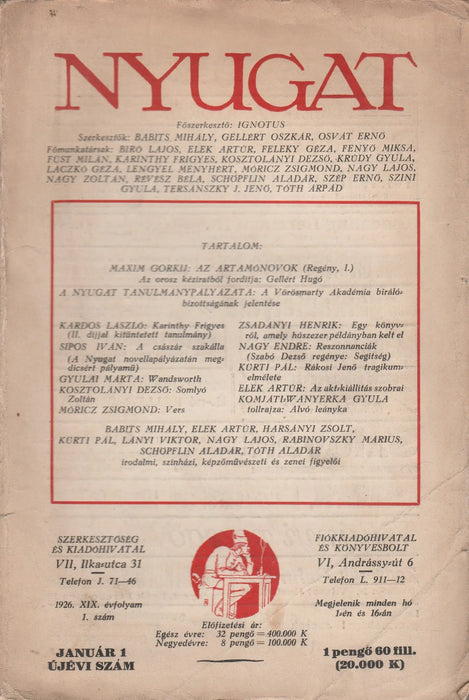 Nyugat 1926. XIX. évfolyam 1. szám - Oskola Antikvárium