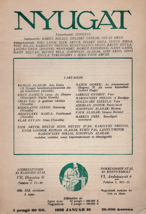 Nyugat 1926. XIX. évfolyam 2. szám - Oskola Antikvárium