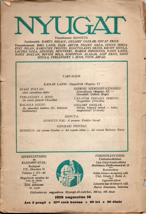 Nyugat XXI. évfolyam 16. szám 1928 - Oskola Antikvárium