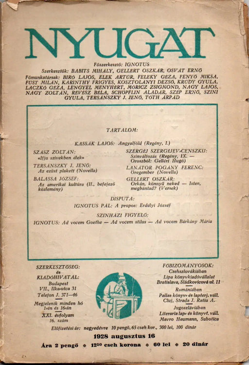 Nyugat XXI. évfolyam 16. szám 1928 - Oskola Antikvárium