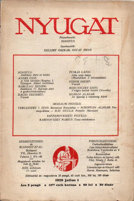Nyugat XXII. évfolyam 13. szám 1929 - Oskola Antikvárium