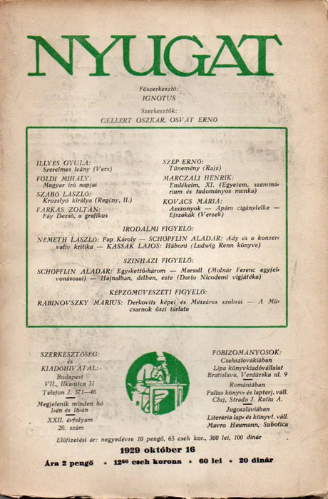 Nyugat XXII. évfolyam 20. szám 1929 - Oskola Antikvárium