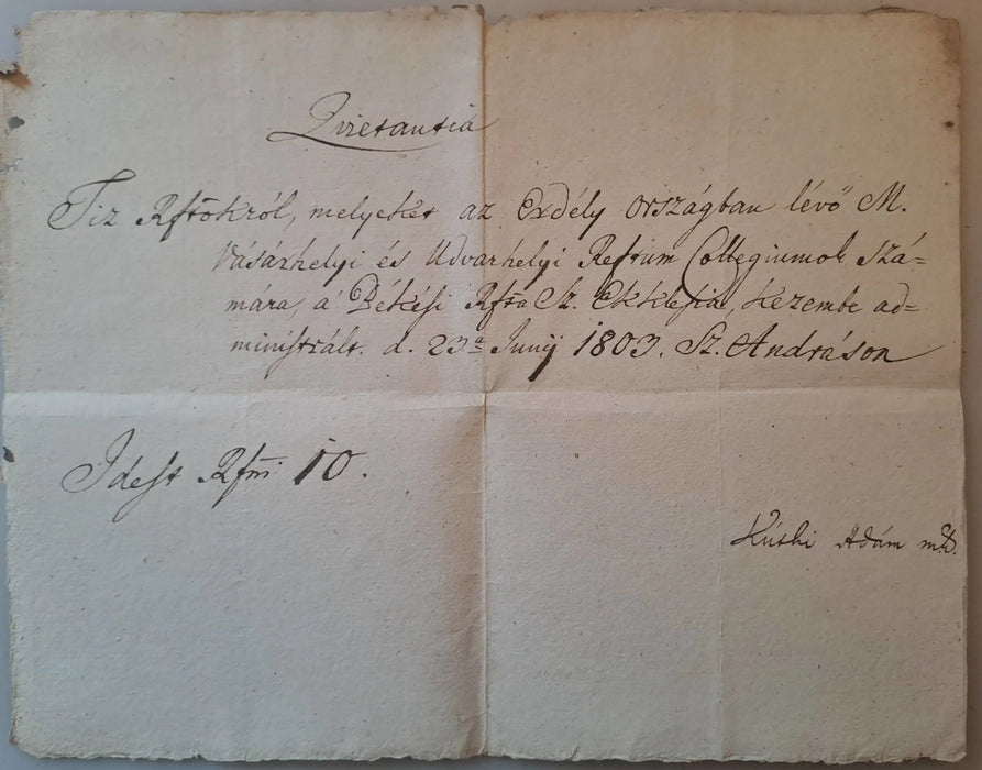 Nyugta, átvételi elismervény 1803 - ból - Oskola Antikvárium