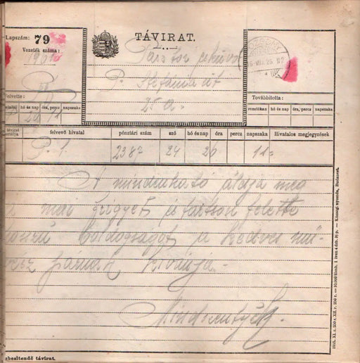 Pásztor Ferike színművésznő és Nagypál Béla zeneszerző esküvői táviratai 1916 - Oskola Antikvárium