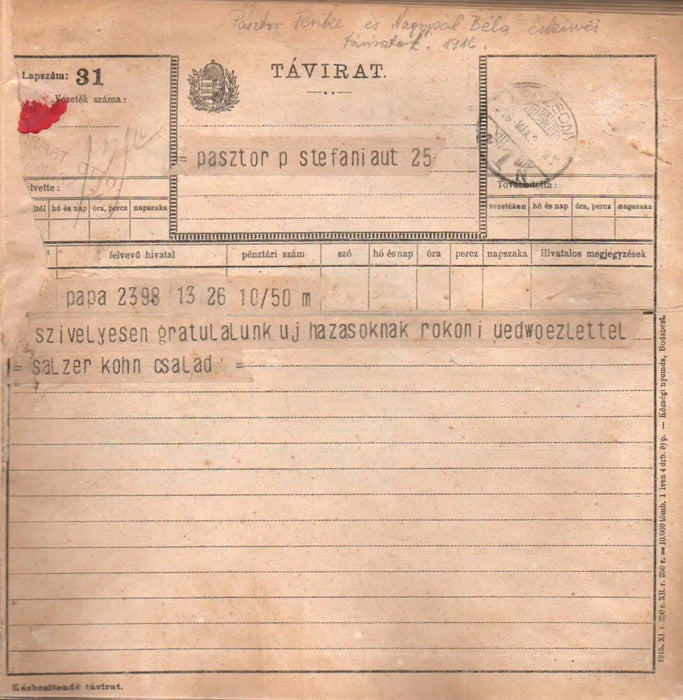 Pásztor Ferike színművésznő és Nagypál Béla zeneszerző esküvői táviratai 1916 - Oskola Antikvárium