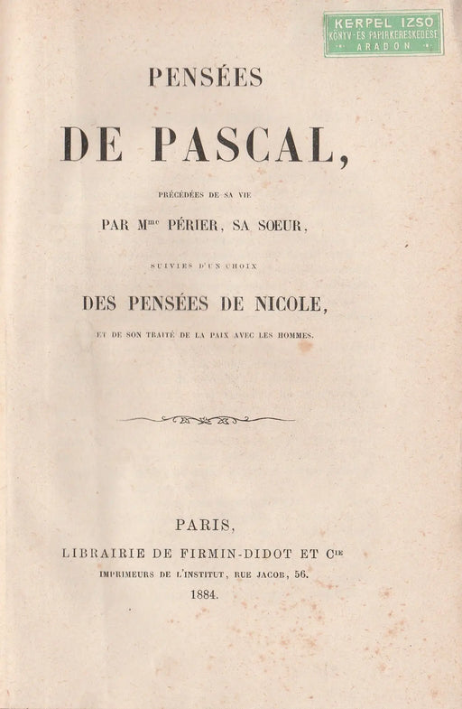 Pensées de Pascal - Pensées de Nicole - Oskola Antikvárium