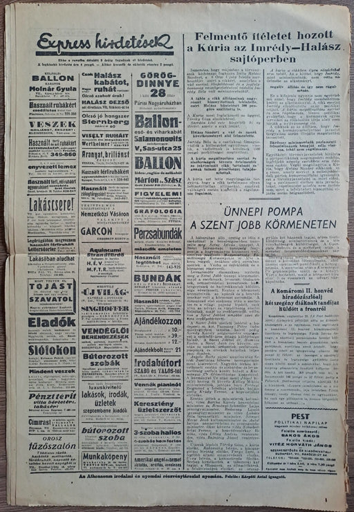 Pest IV. évf. 188. szám 1942 augusztus 21. - Oskola Antikvárium