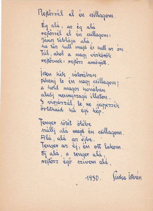 Rejtőzzél el én csillagom - Sinka István eredeti kézzel írt verse 1950 - ből - Oskola Antikvárium