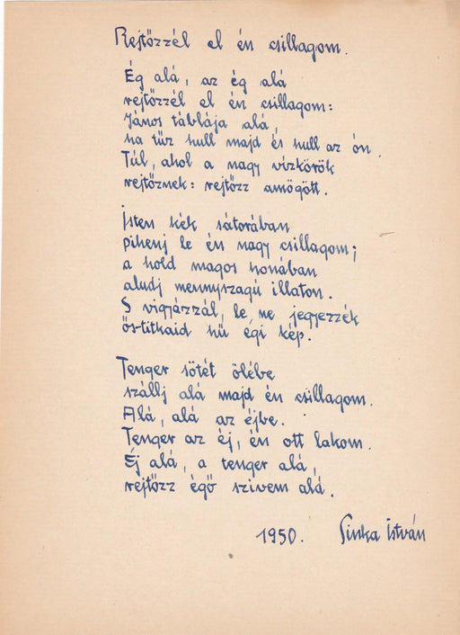 Rejtőzzél el én csillagom - Sinka István eredeti kézzel írt verse 1950 - ből - Oskola Antikvárium