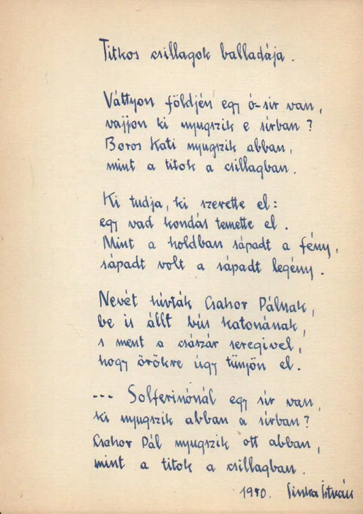 Titkos csillagok balladája - Sinka István eredeti kézzel írt verse 1950 - ből - Oskola Antikvárium
