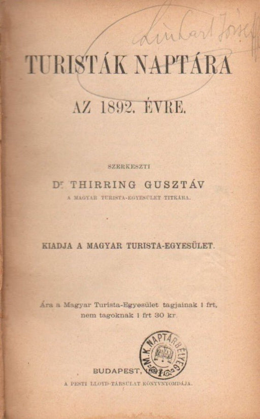 Turisták naptára az 1892. évre - Oskola Antikvárium