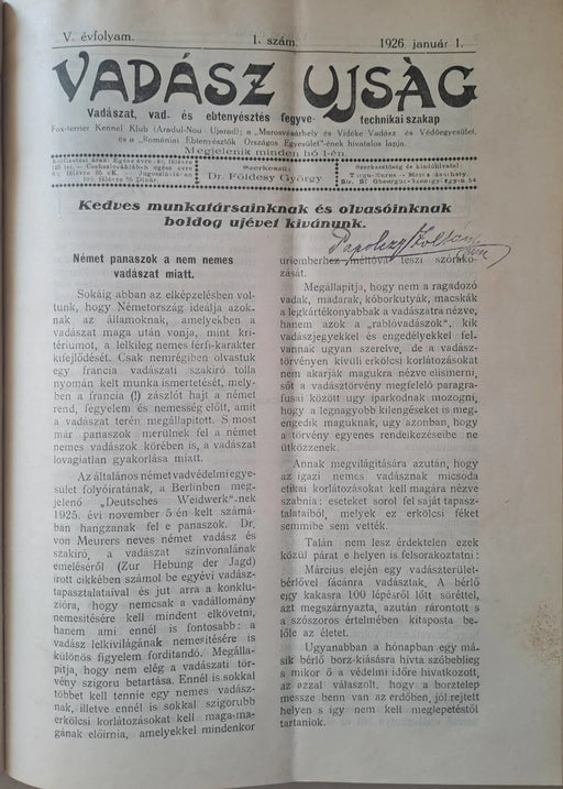 Vadász Ujság IV - V. évfolyam 1925 - 1926 - Marosvásárhely - Oskola Antikvárium